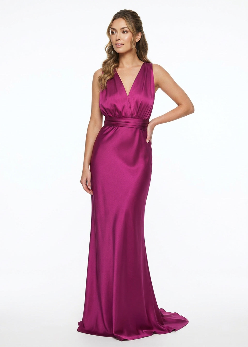 Dark fuchsia infinity silk dress with train