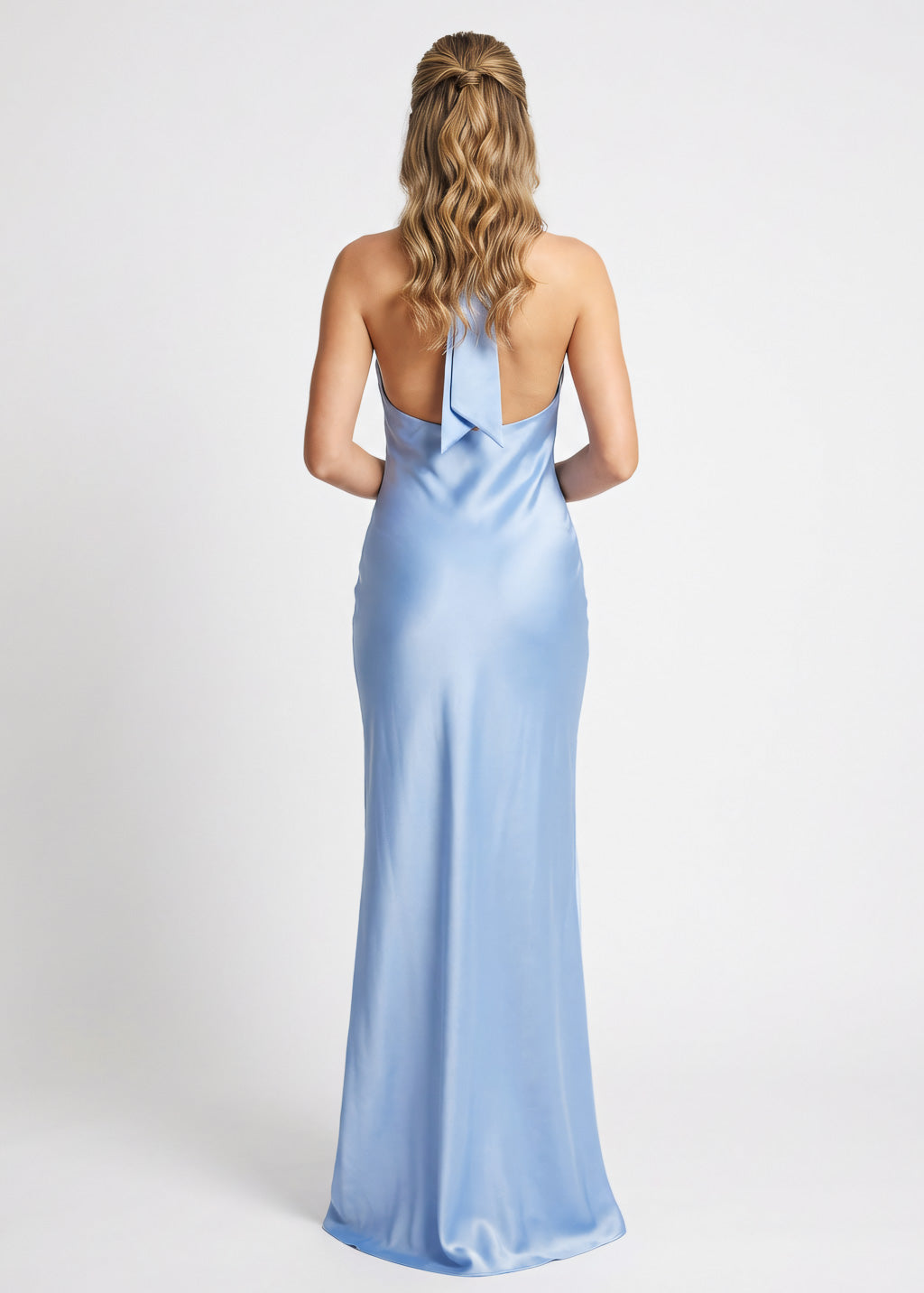 Sky blue silk halter dress with open back