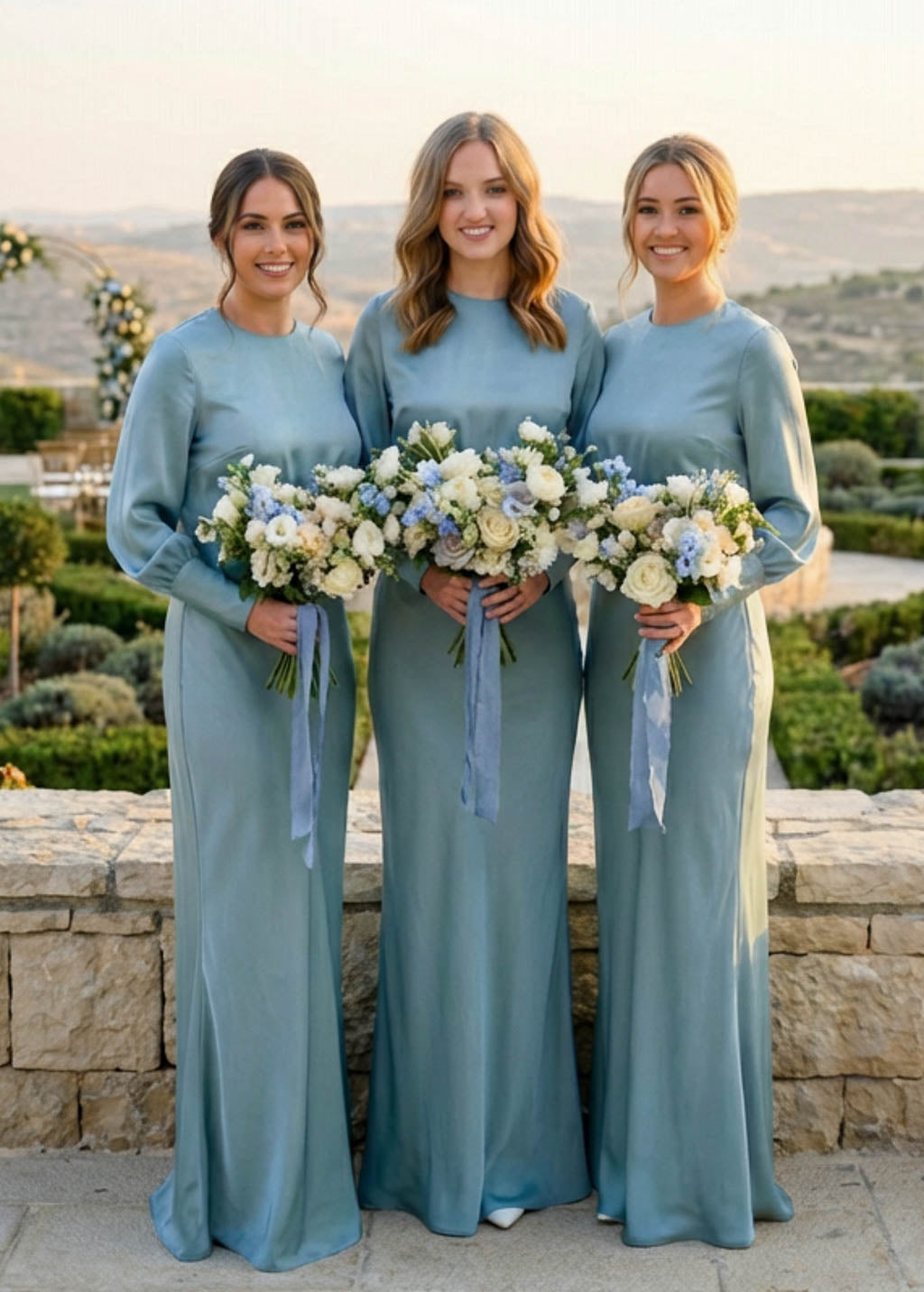 Dusty Blue Silk Bridesmaid Dress with long sleeves