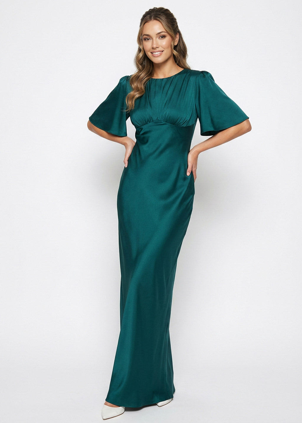 Teal silk gown with flutter sleeves