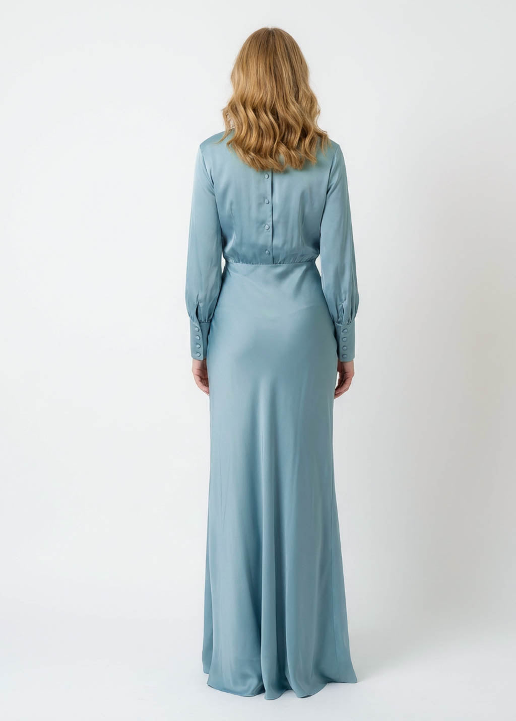 Dusty Blue Silk Bridesmaid Dress with long sleeves