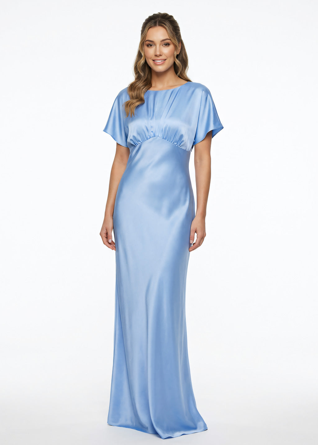 Sky blue silk gown with flutter sleeves
