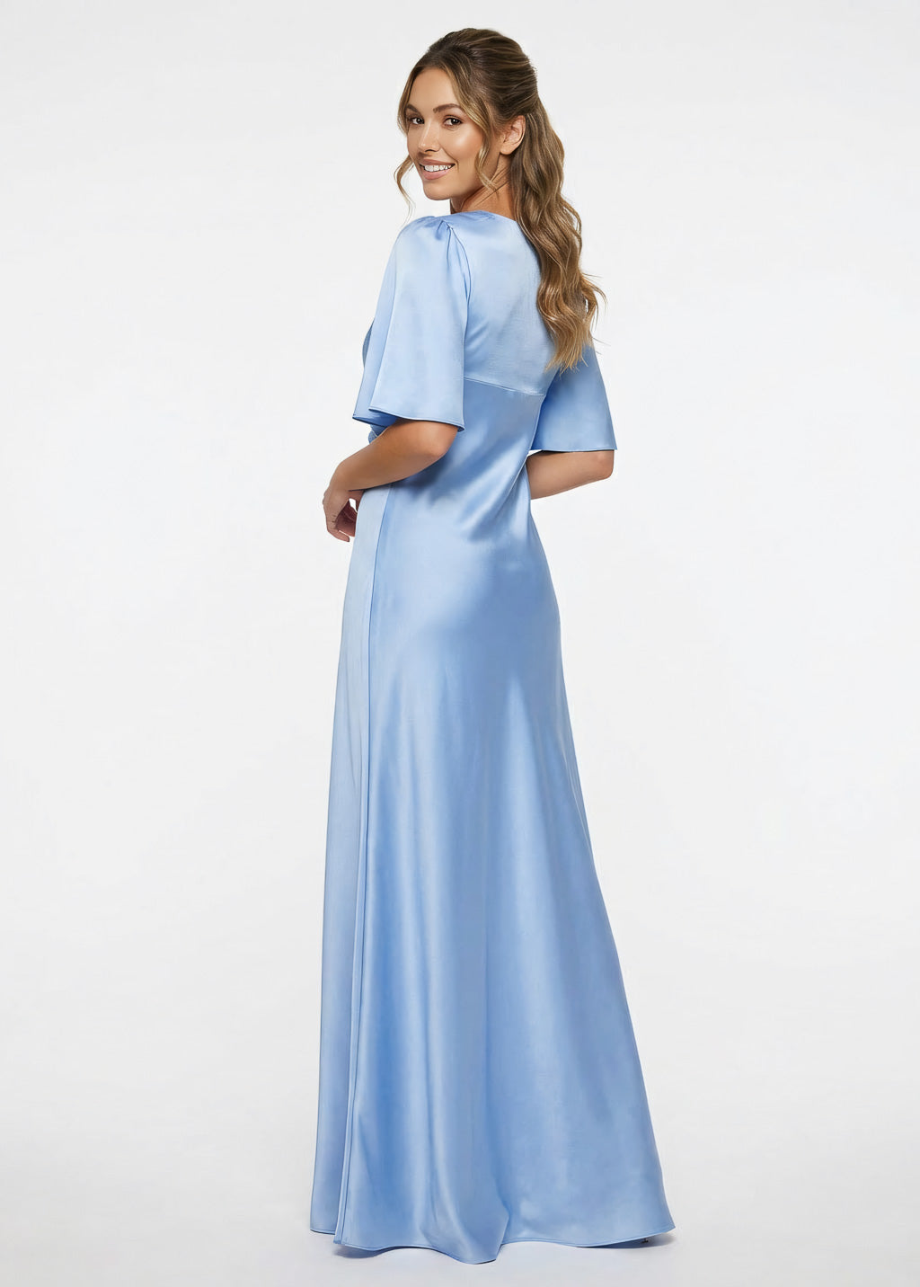Sky blue silk bridesmaid dress with flutter sleeves