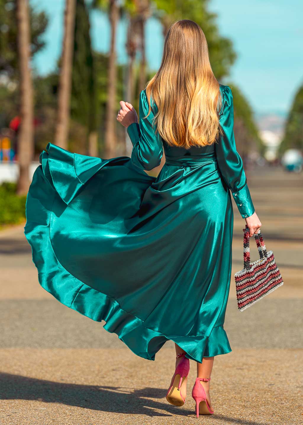 Robe portefeuille longue vert émeraude