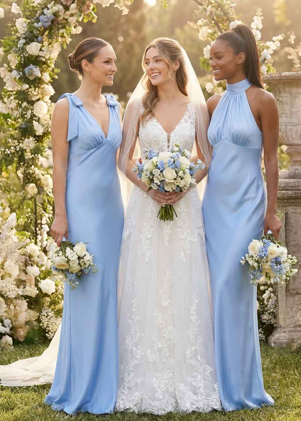 Sky blue silk bridesmaid dress with adjustable bow ties