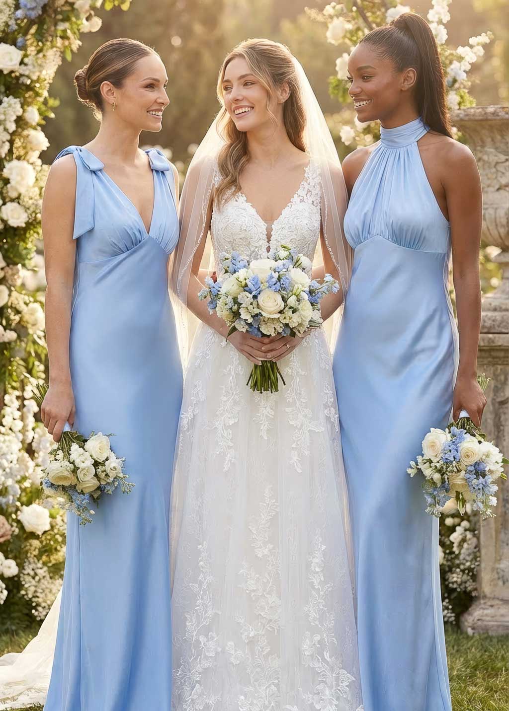 Sky blue silk halter bridesmaid dress