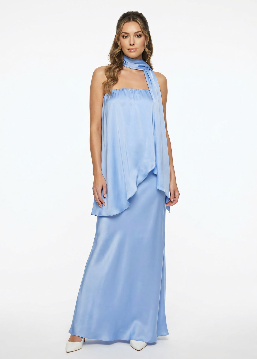 Sky Blue Silk Strapless Bridesmaid Dress with Scarf