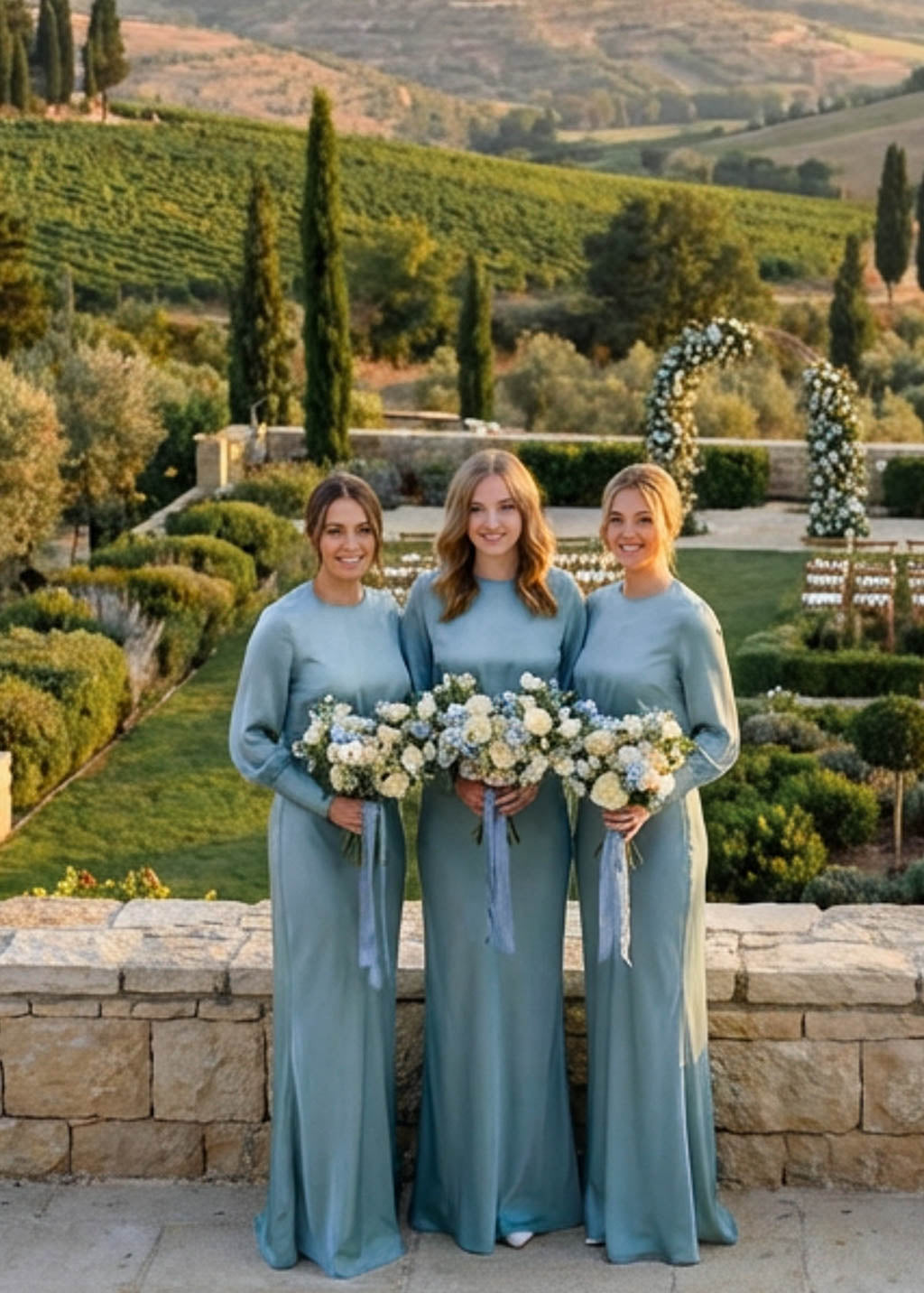 Dusty Blue Silk Bridesmaid Dress with long sleeves