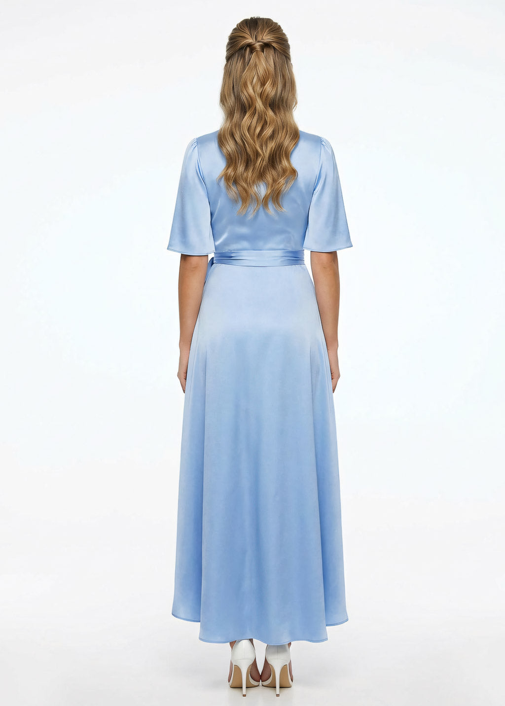 Sky blue romantic silk wrap dress