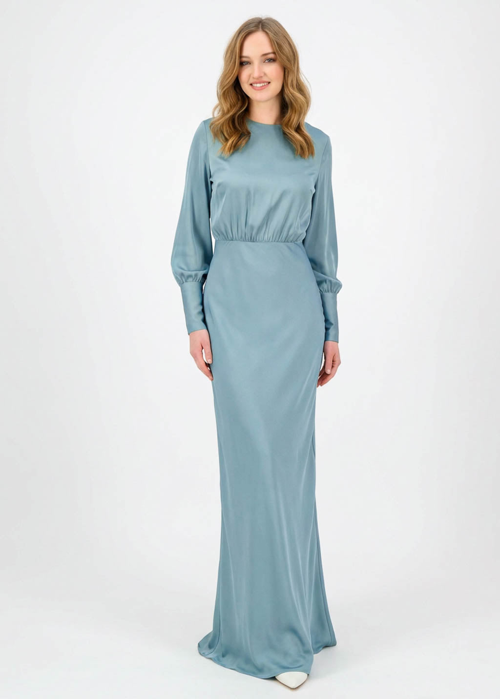 Dusty Blue Silk Bridesmaid Dress with long sleeves