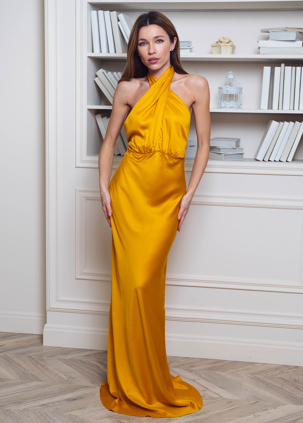 Yellow gold open back long dress