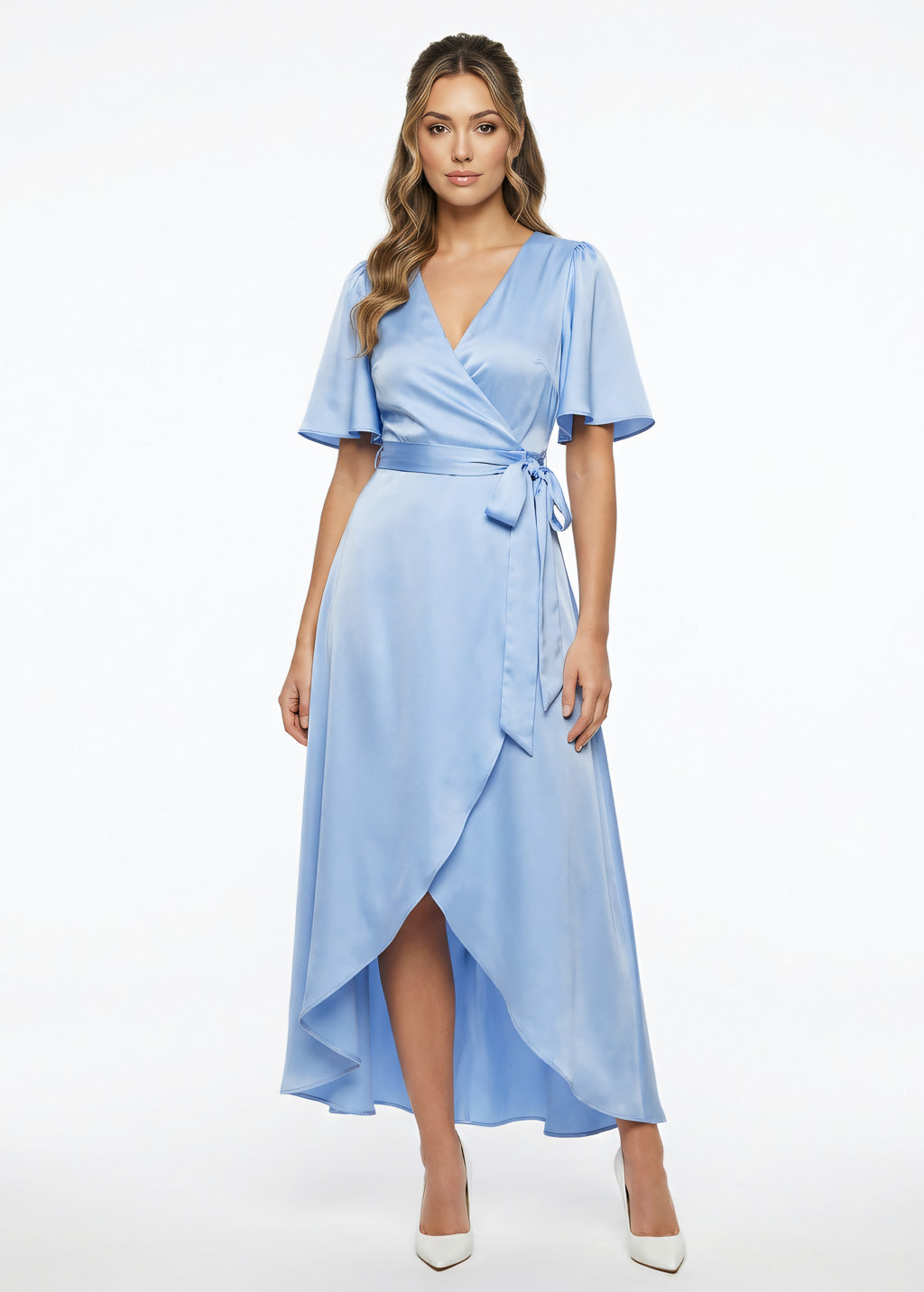 Sky blue silk long wrap dress