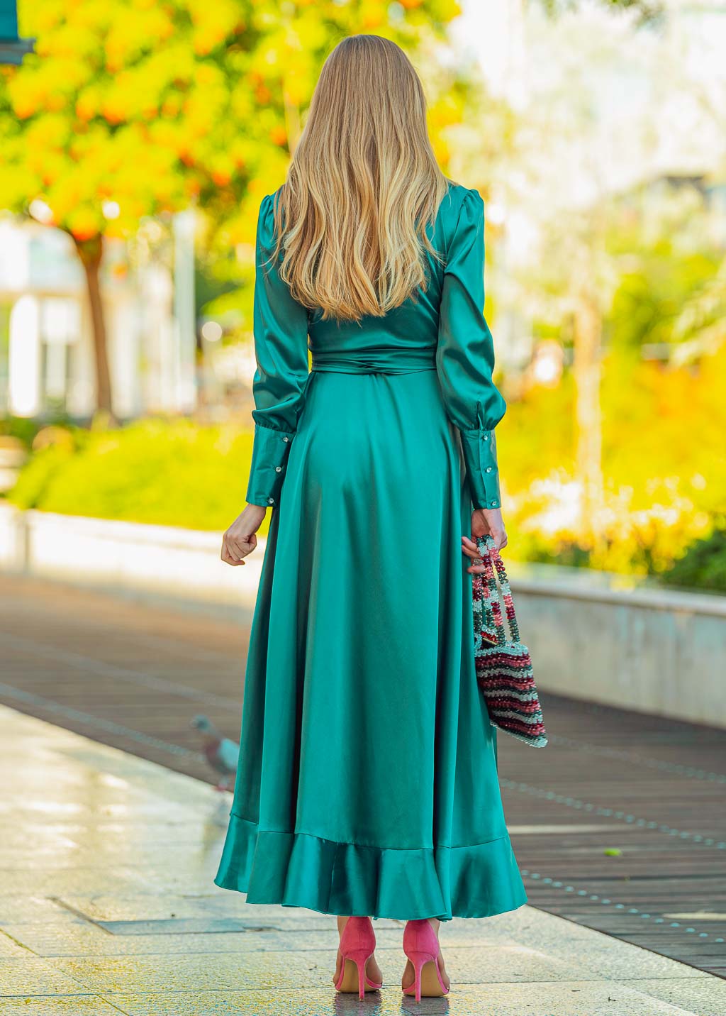 Robe portefeuille longue vert émeraude