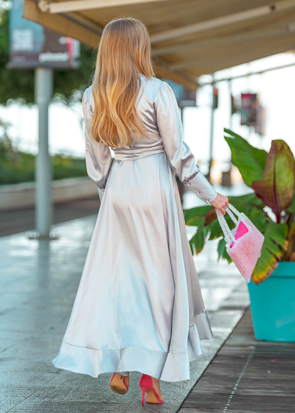 Silver grey long wrap dress