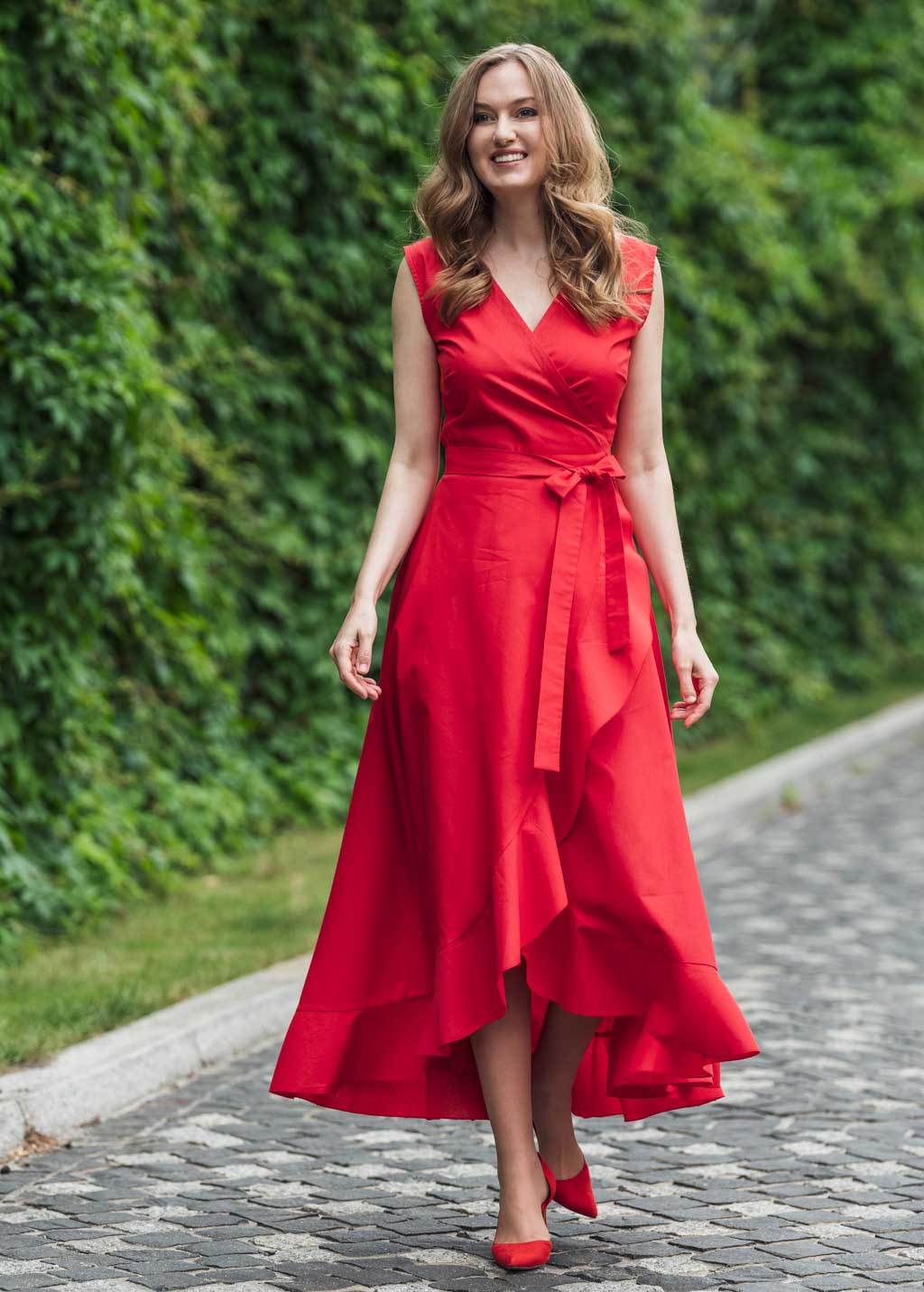 Red organic cotton wrap dress