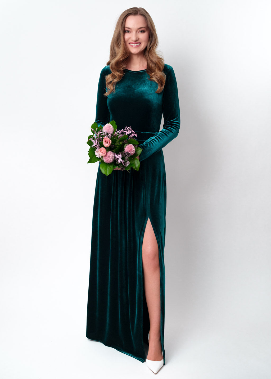Teal green velvet slit dress