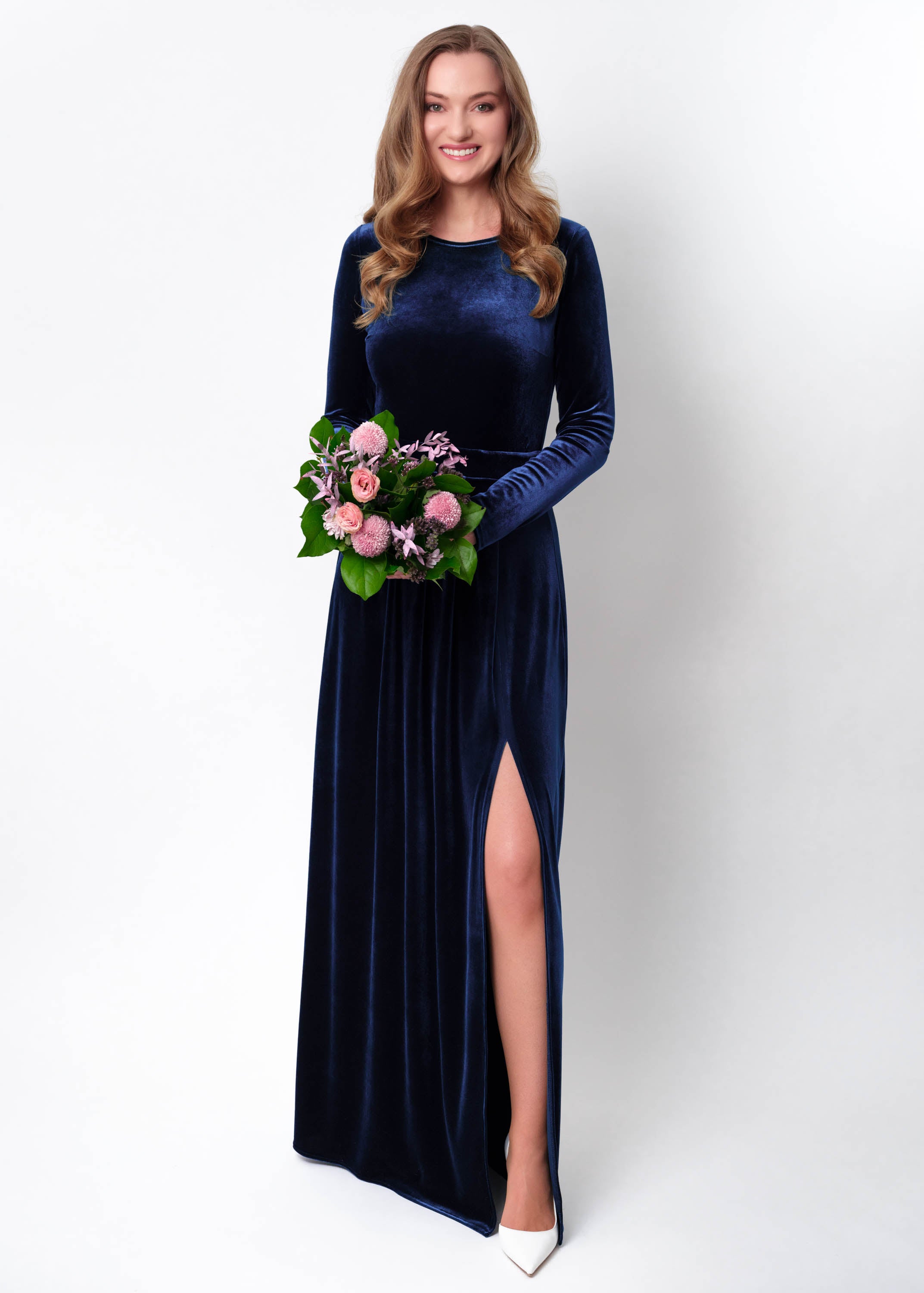 Navy blue velvet slit dress