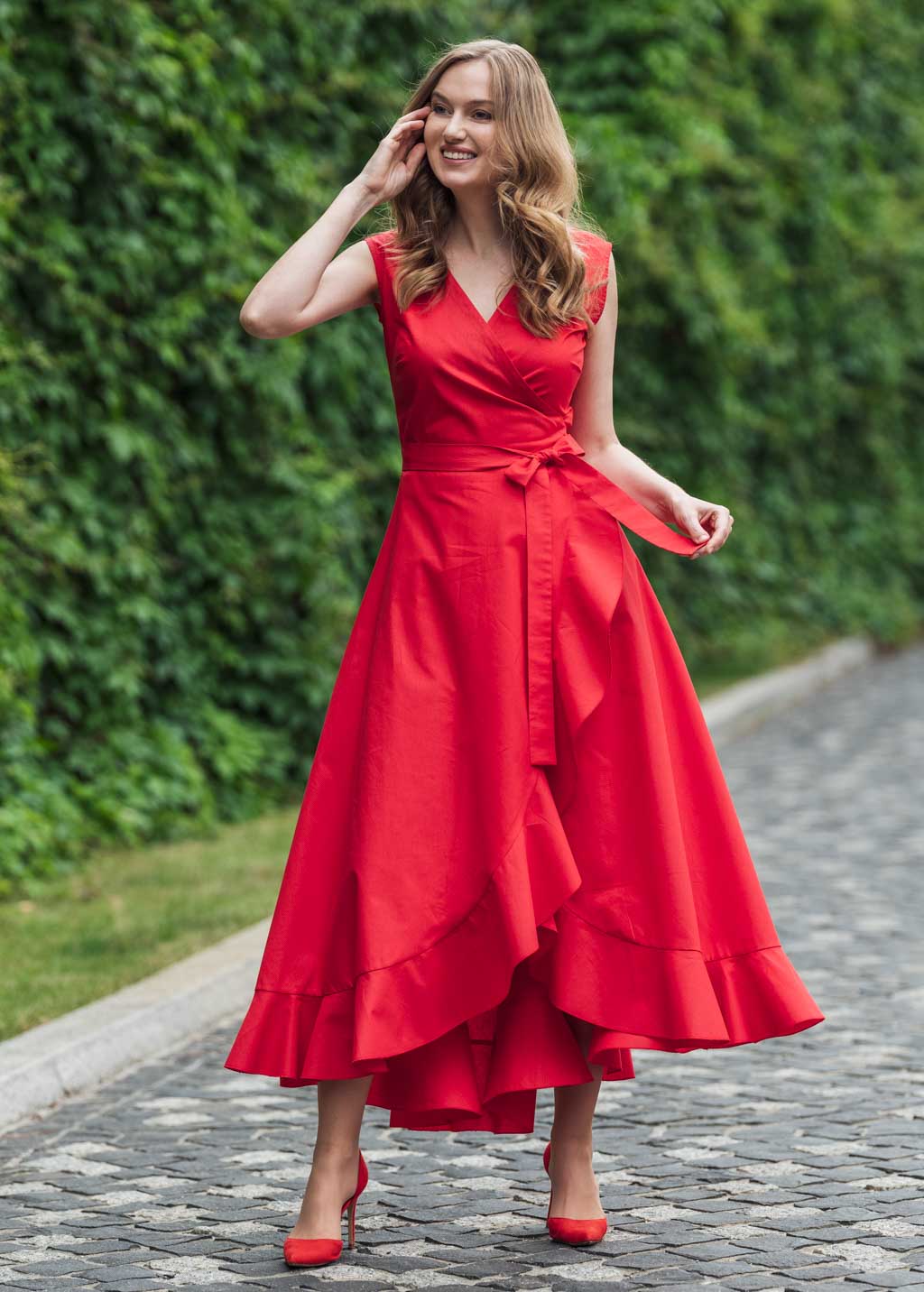 Red organic cotton wrap dress