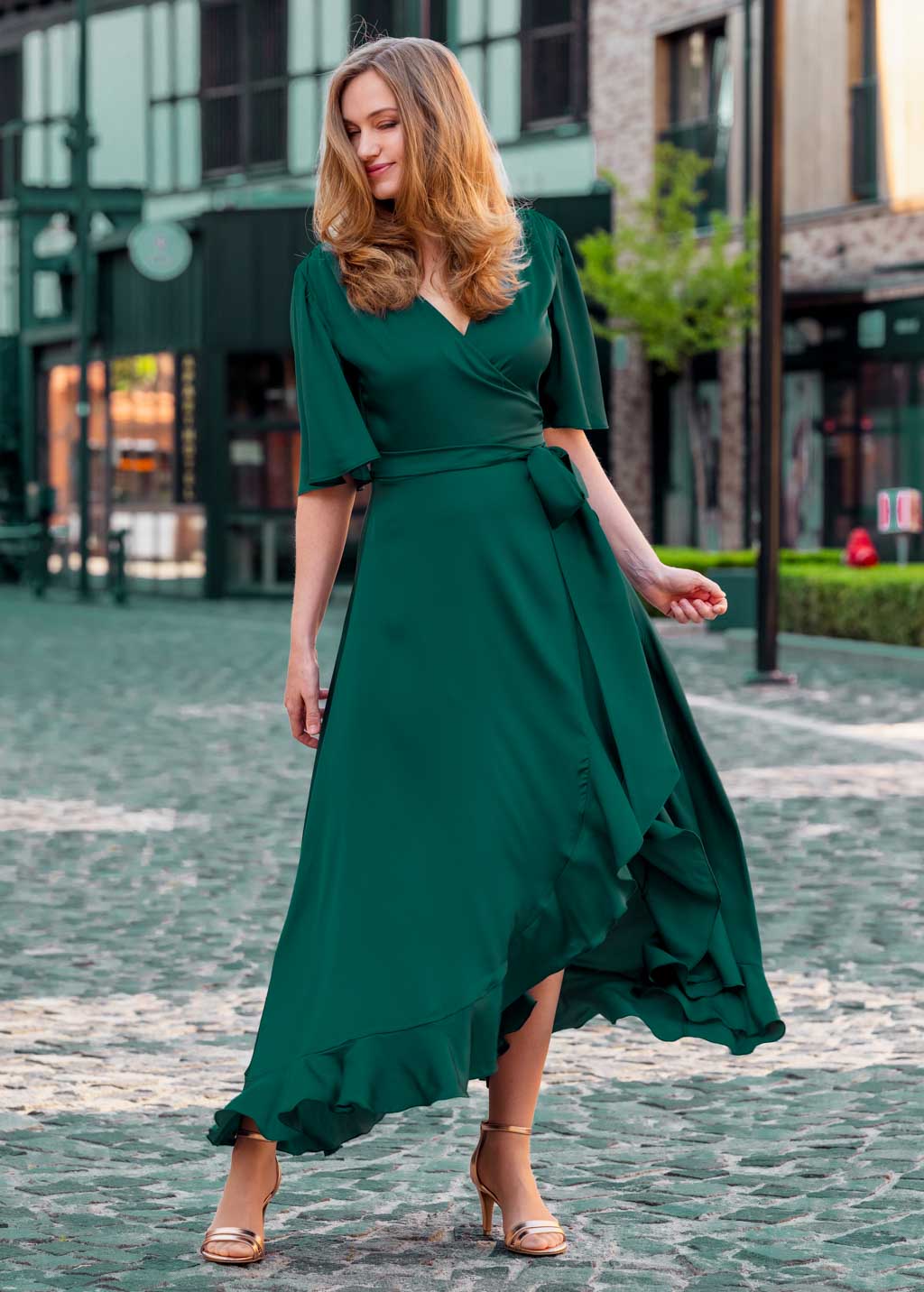 Robe portefeuille en soie vert foncé