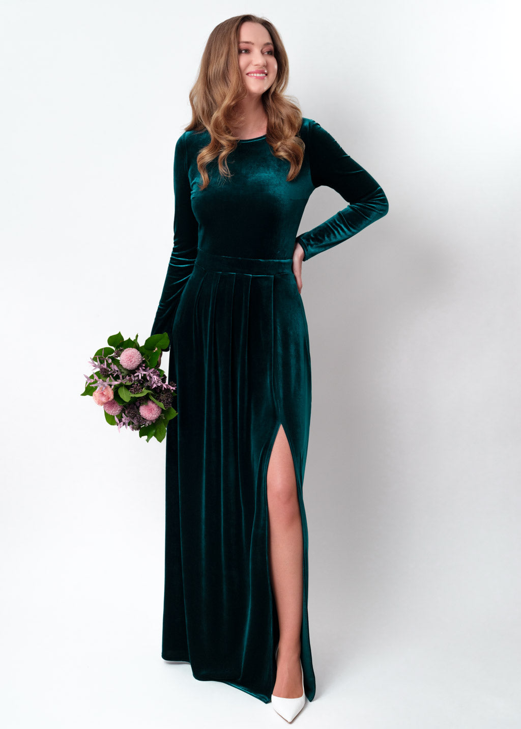 Teal green velvet slit dress