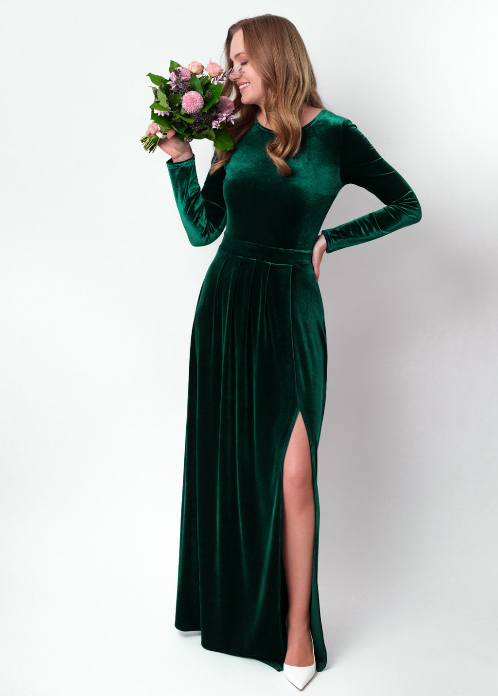 Emerald green velvet slit dress