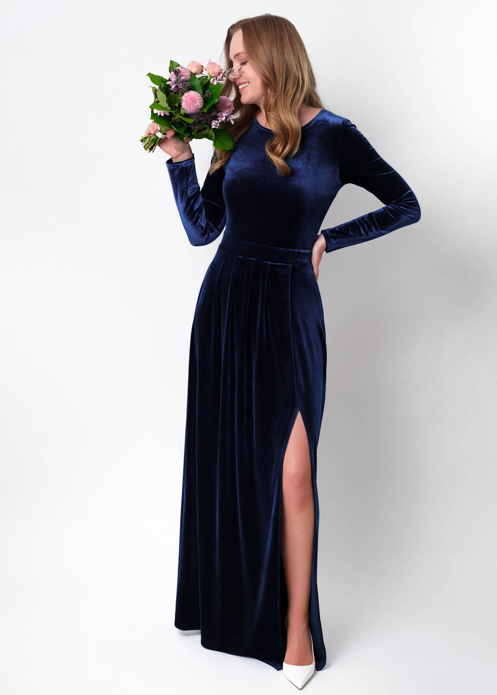 Navy blue velvet slit dress