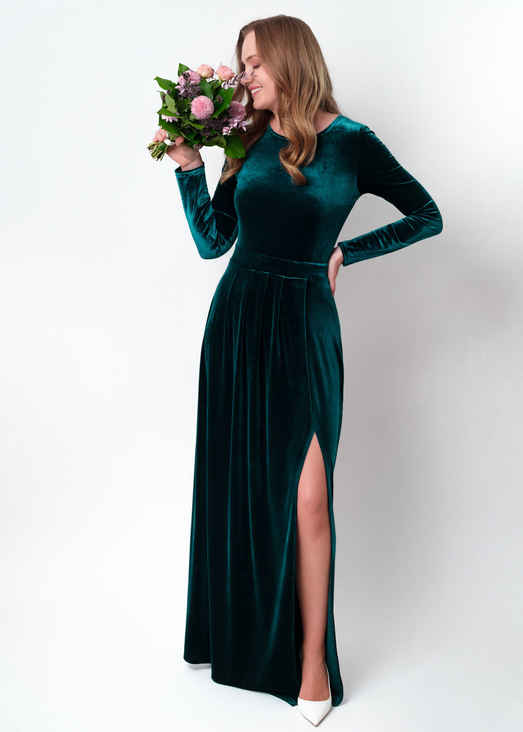 Teal green velvet slit dress