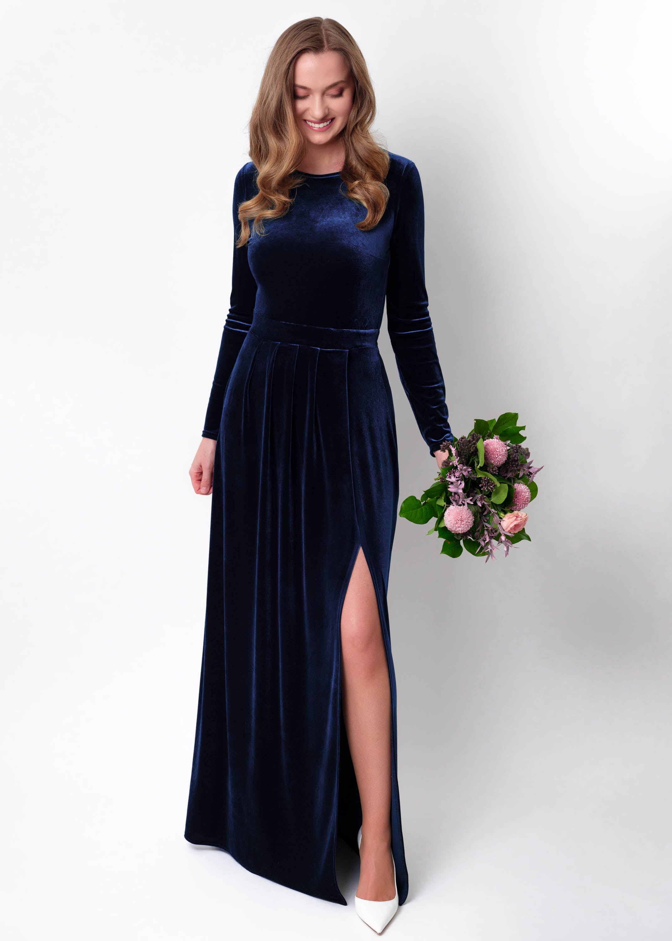 Navy blue velvet slit dress