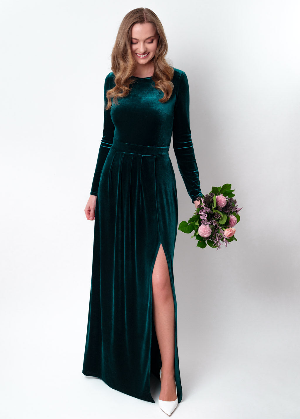 Teal green velvet slit dress
