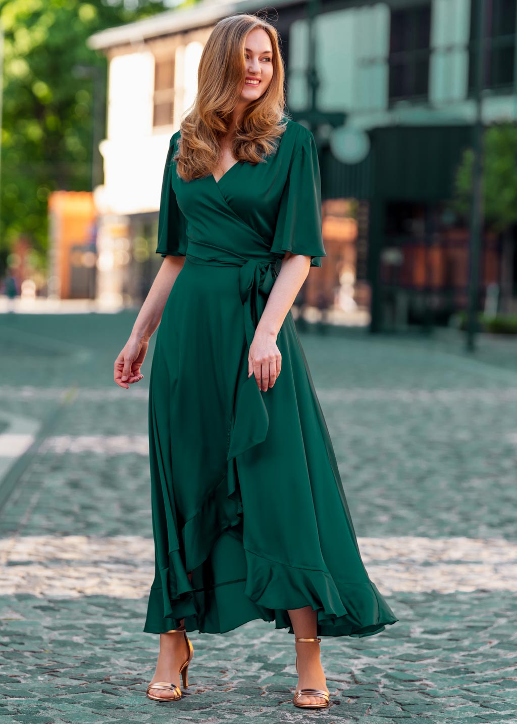Robe portefeuille en soie vert foncé