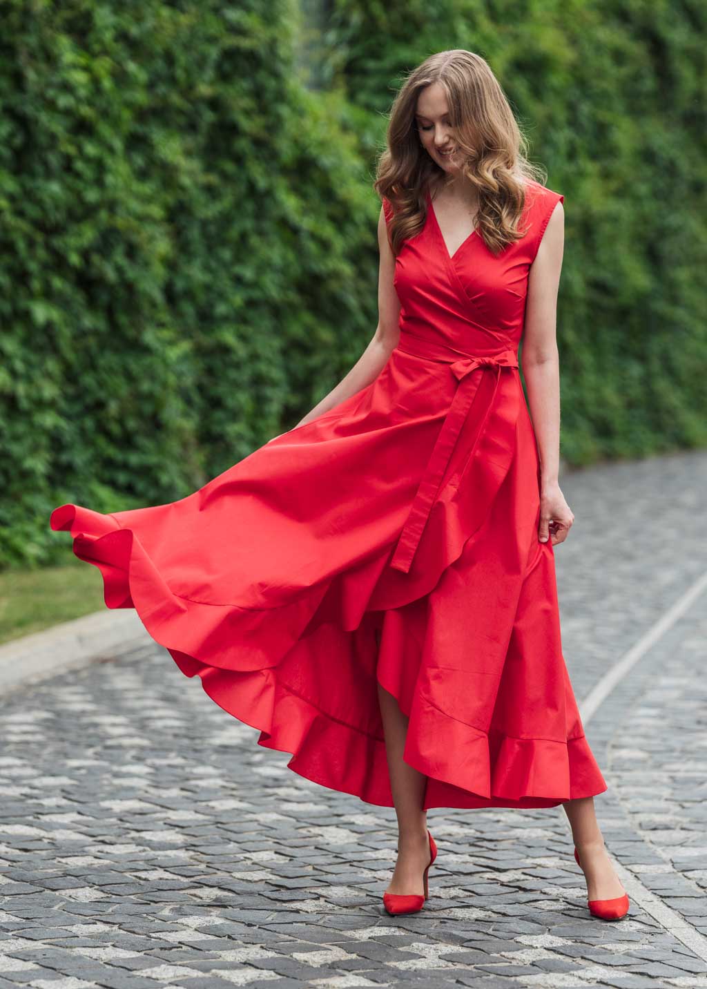 Red organic cotton wrap dress