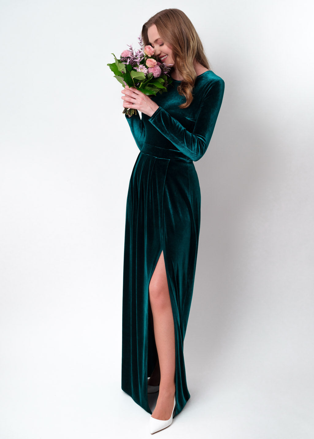 Teal green velvet slit dress
