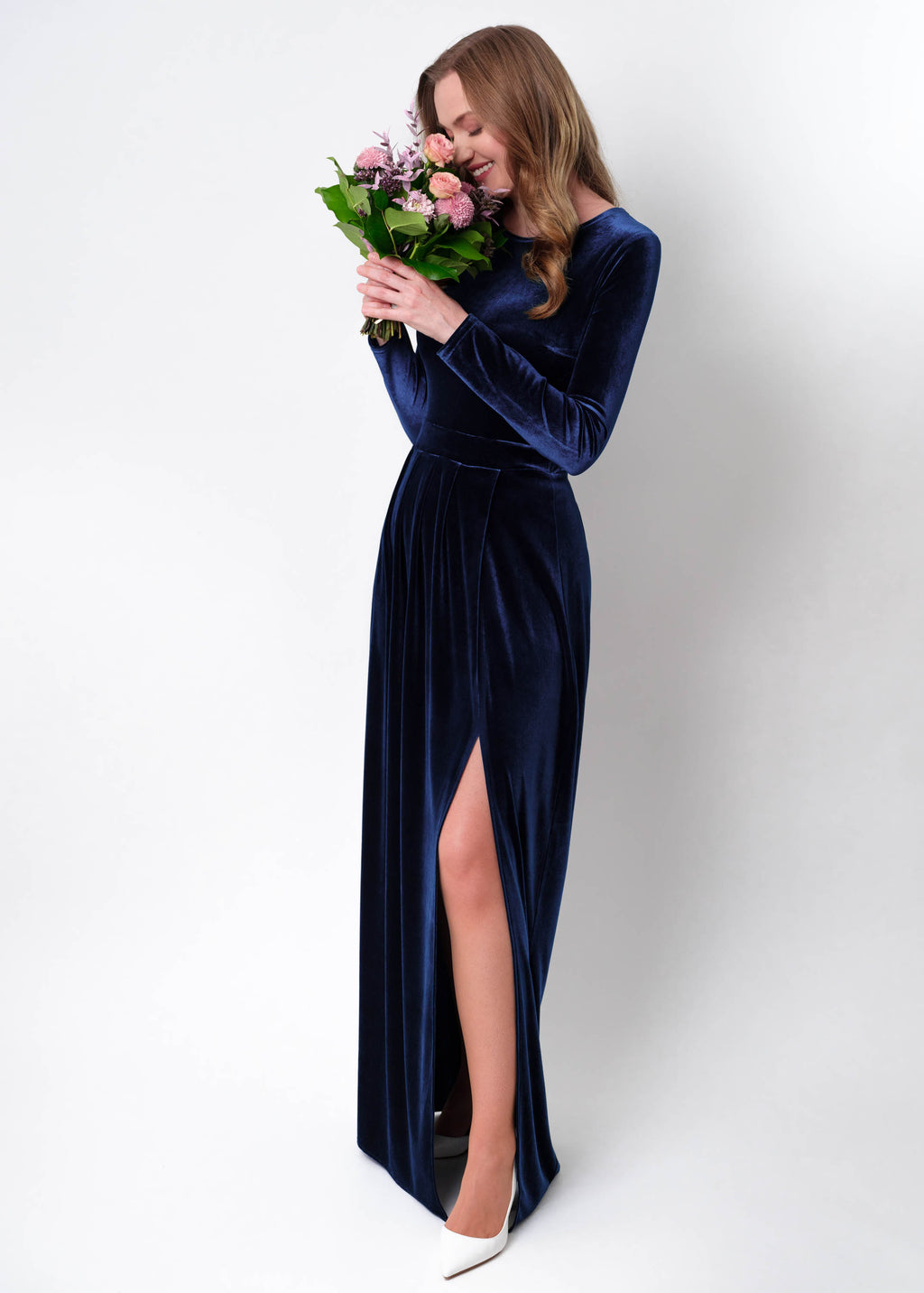 Navy blue velvet slit dress