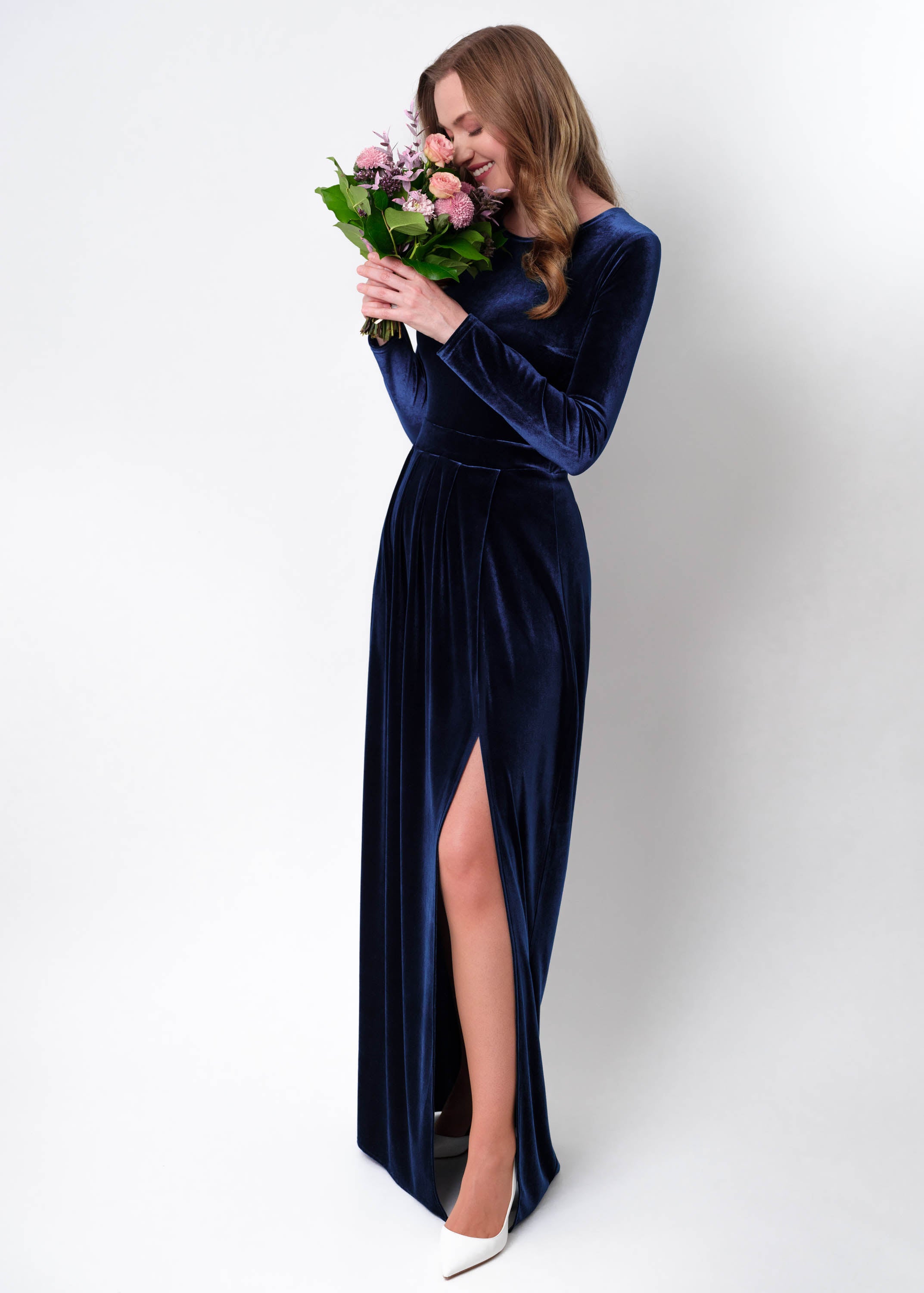 Navy blue velvet slit dress