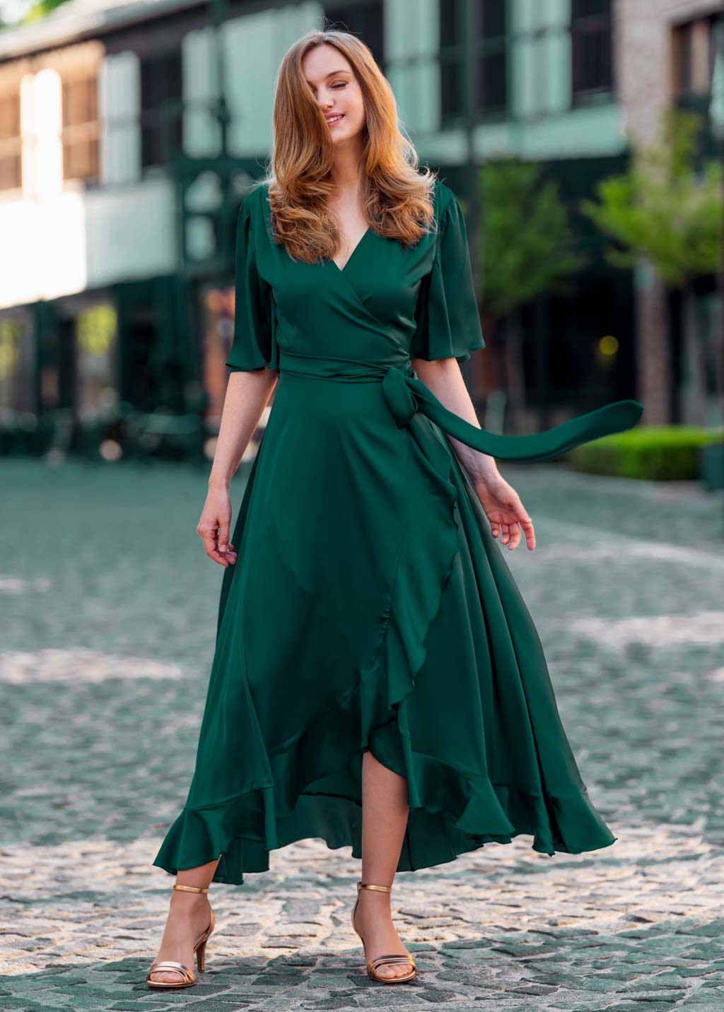 Robe portefeuille en soie vert foncé