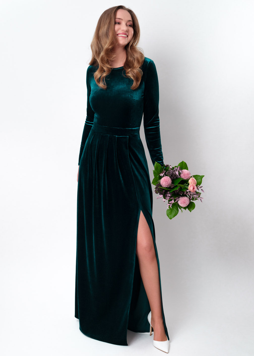 Teal green velvet slit dress