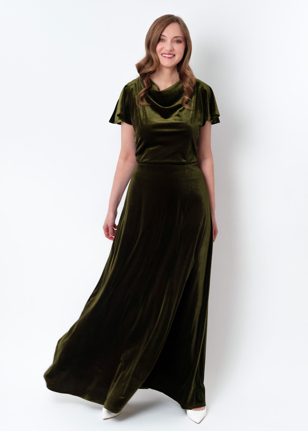 Olive green velvet long dress