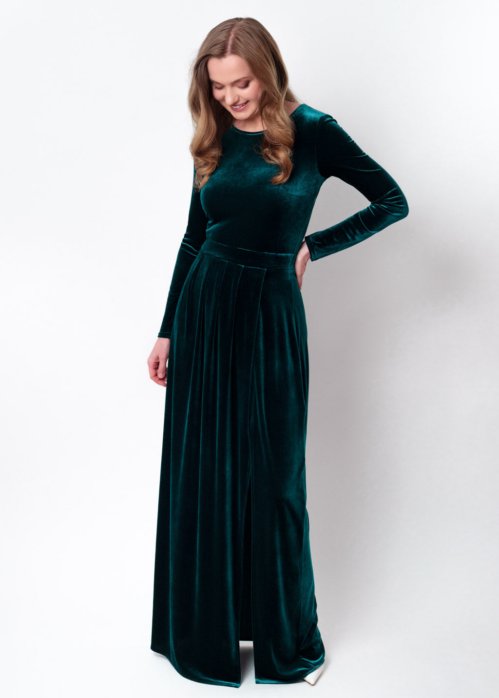 Teal green velvet slit dress