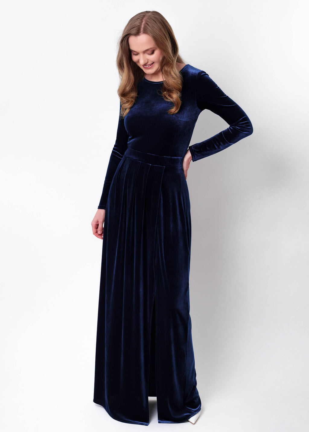 Navy blue velvet slit dress