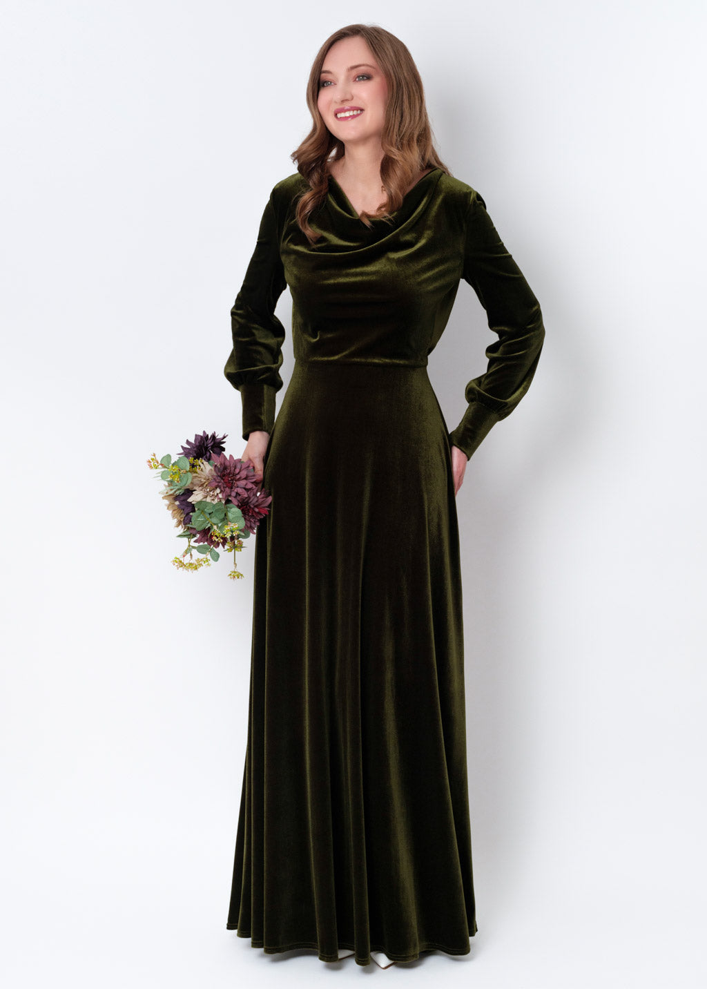 Olive green velvet long dress