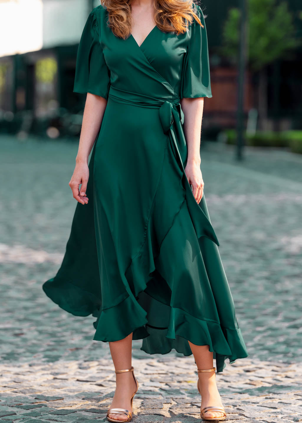 Robe portefeuille en soie vert foncé