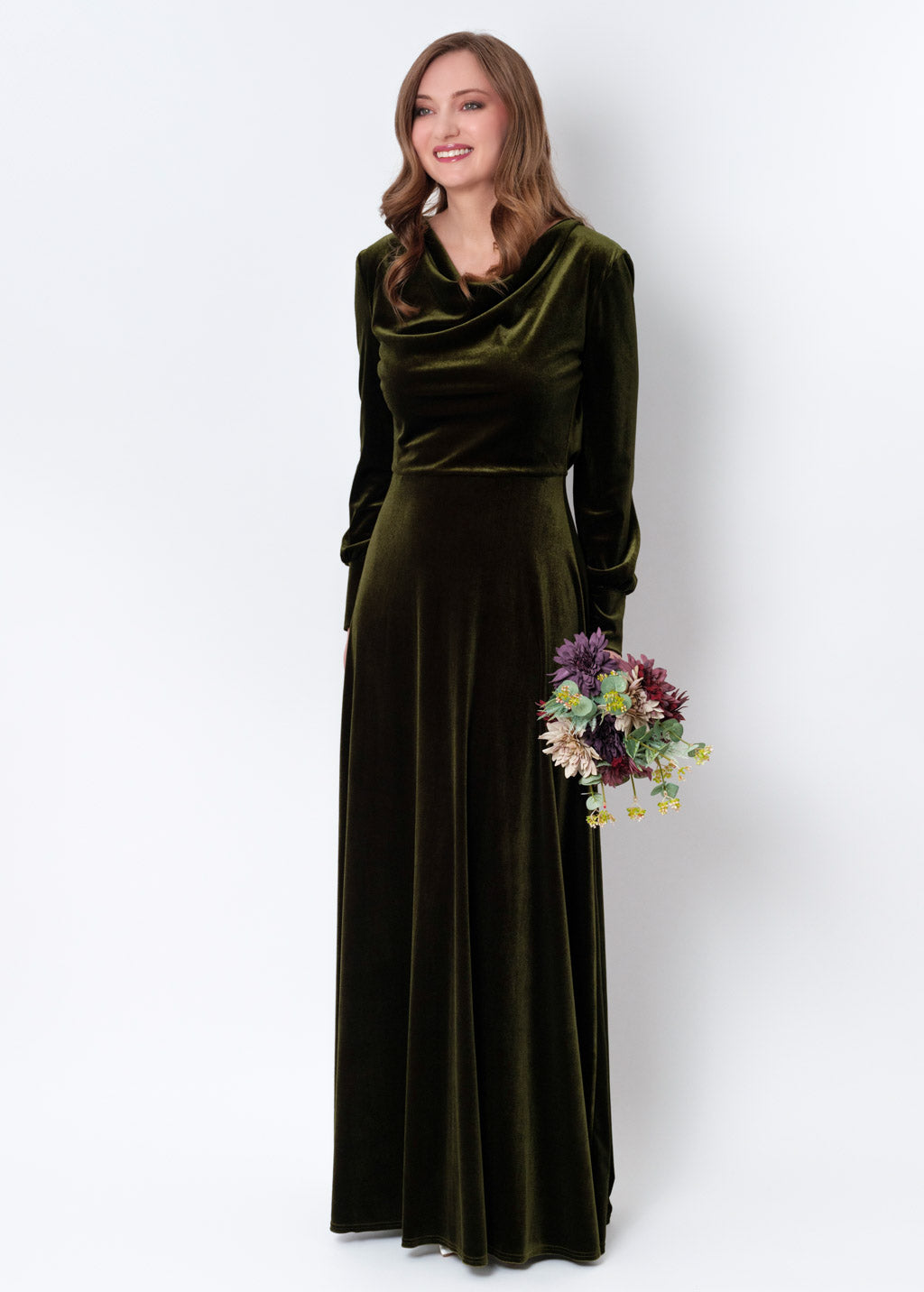 Olive green velvet long dress