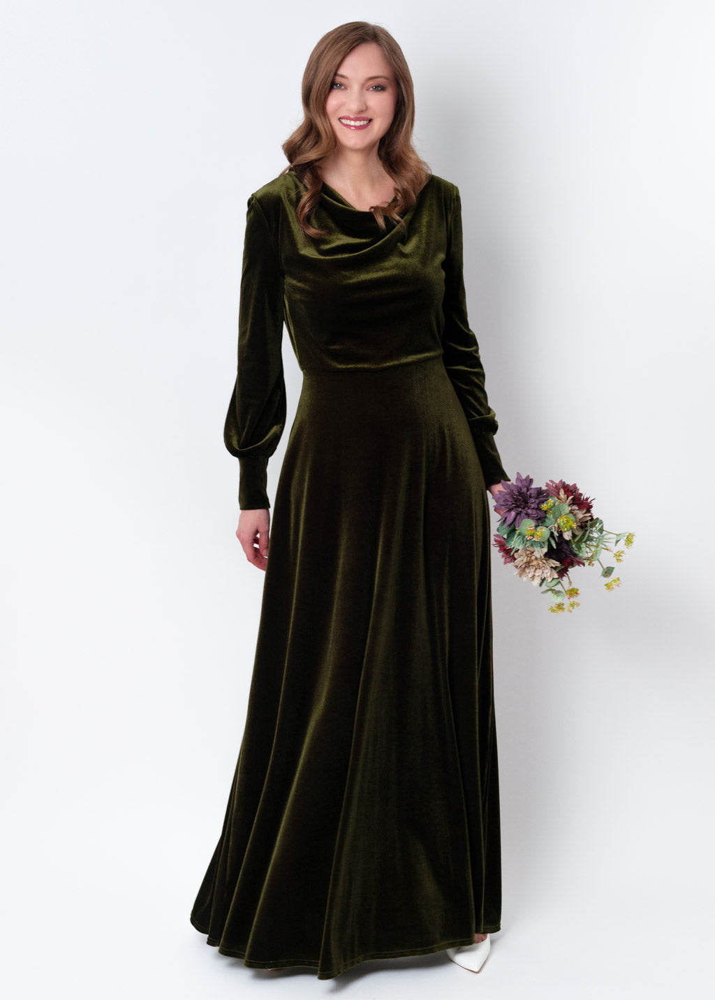Olive green velvet long dress