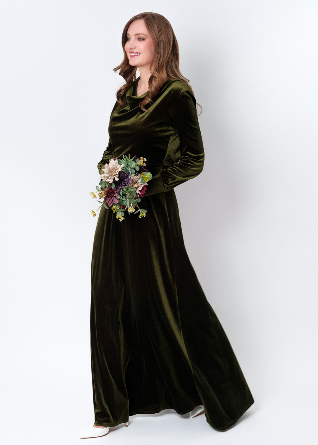 Olive green velvet long dress