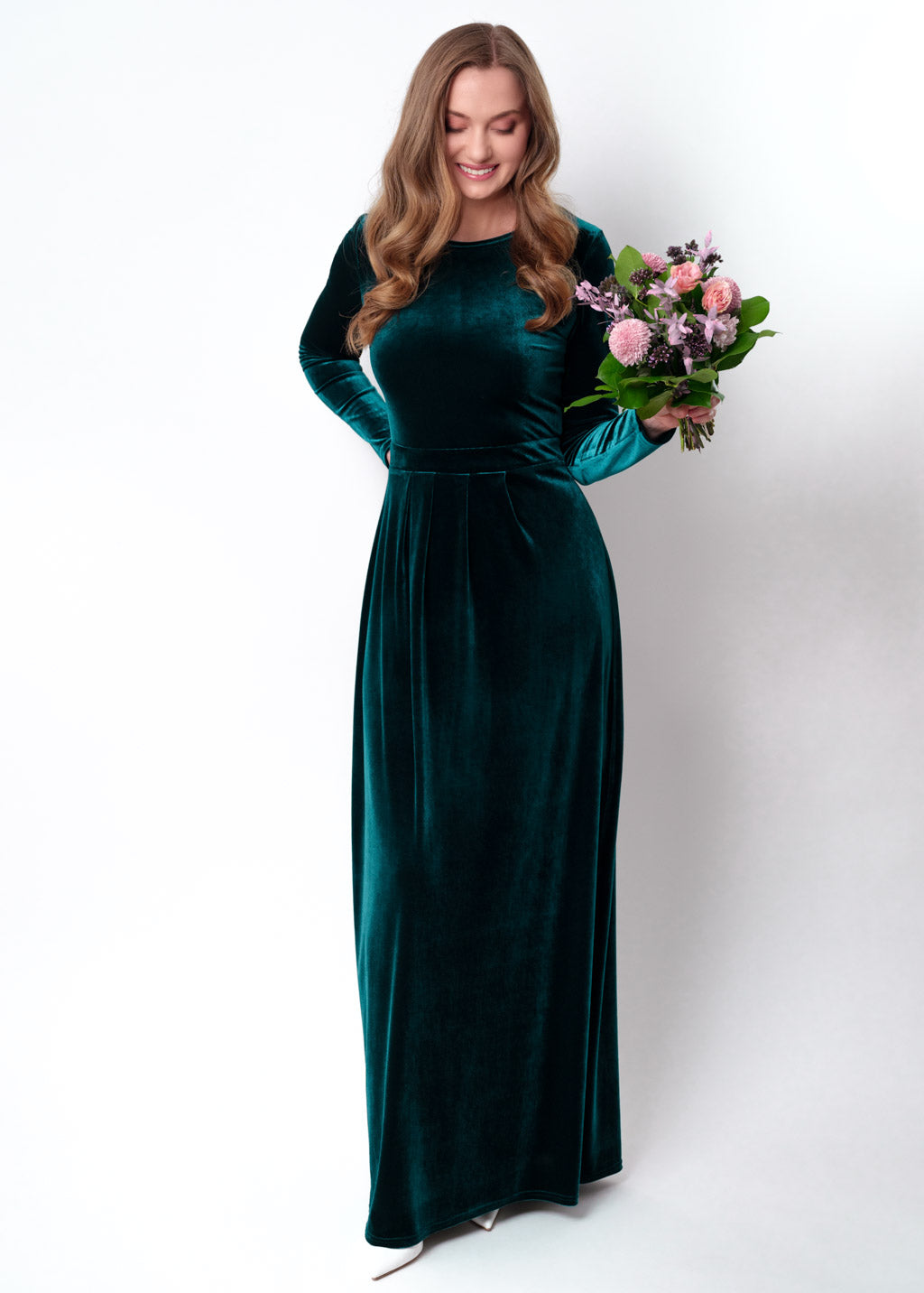 Teal green velvet long dress