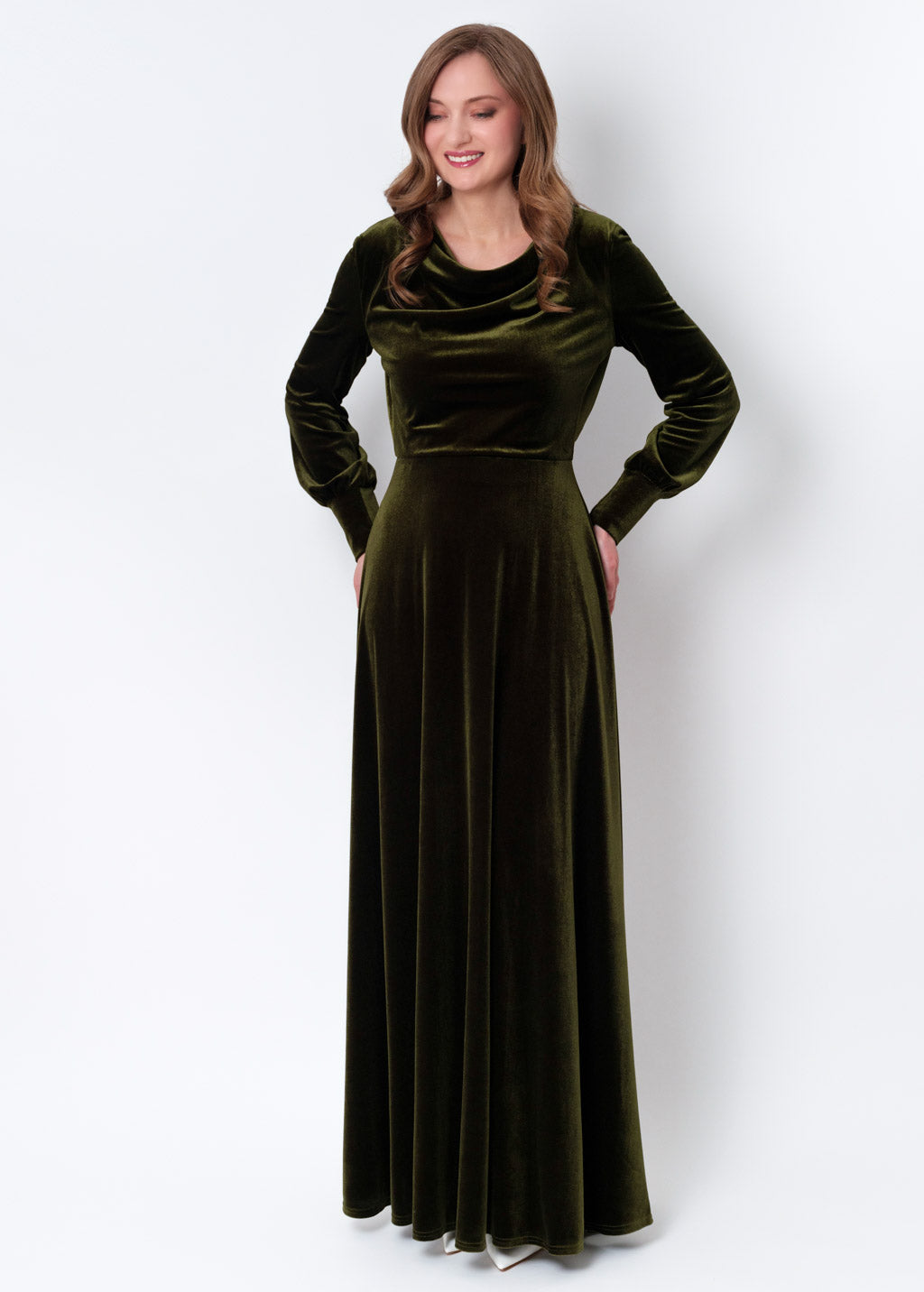 Olive green velvet long dress