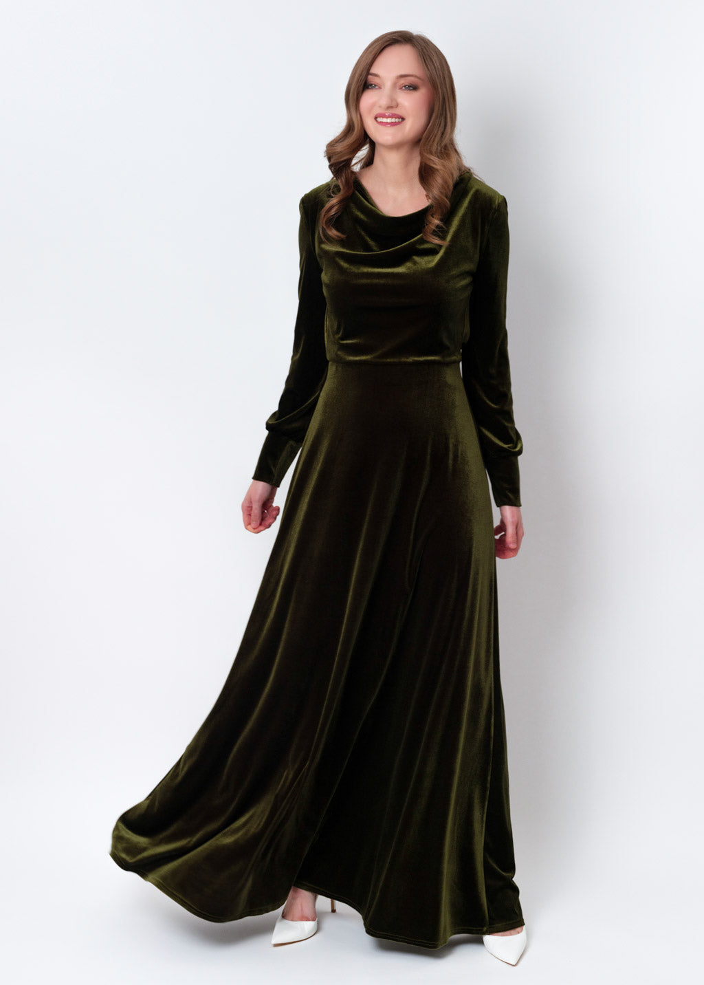 Olive green velvet long dress
