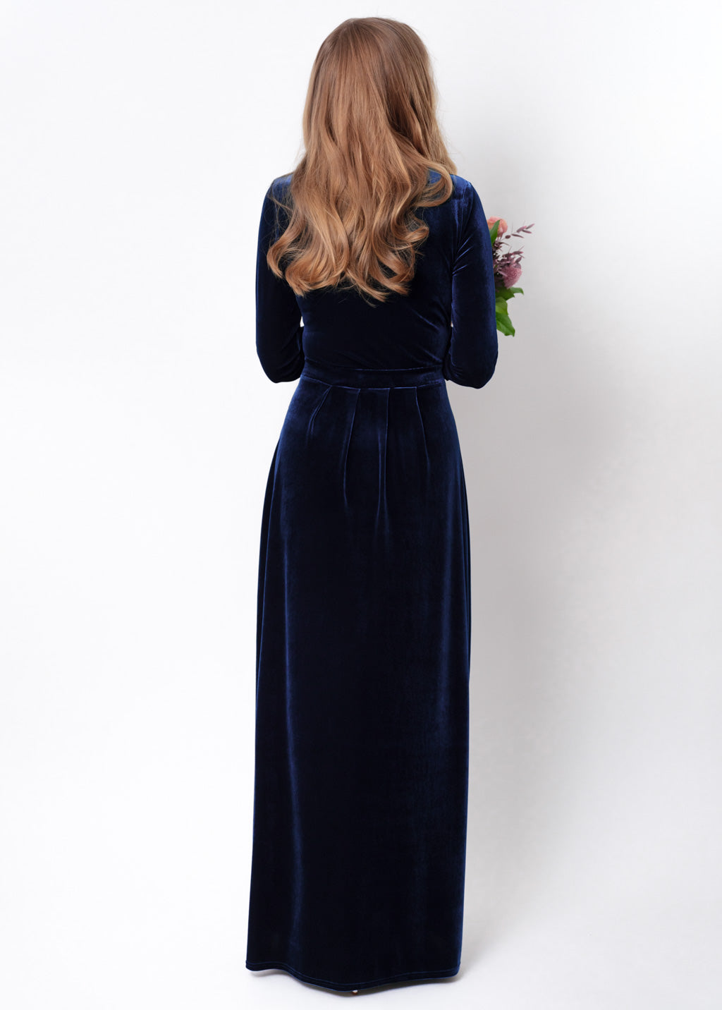 Navy blue velvet wrap long dress