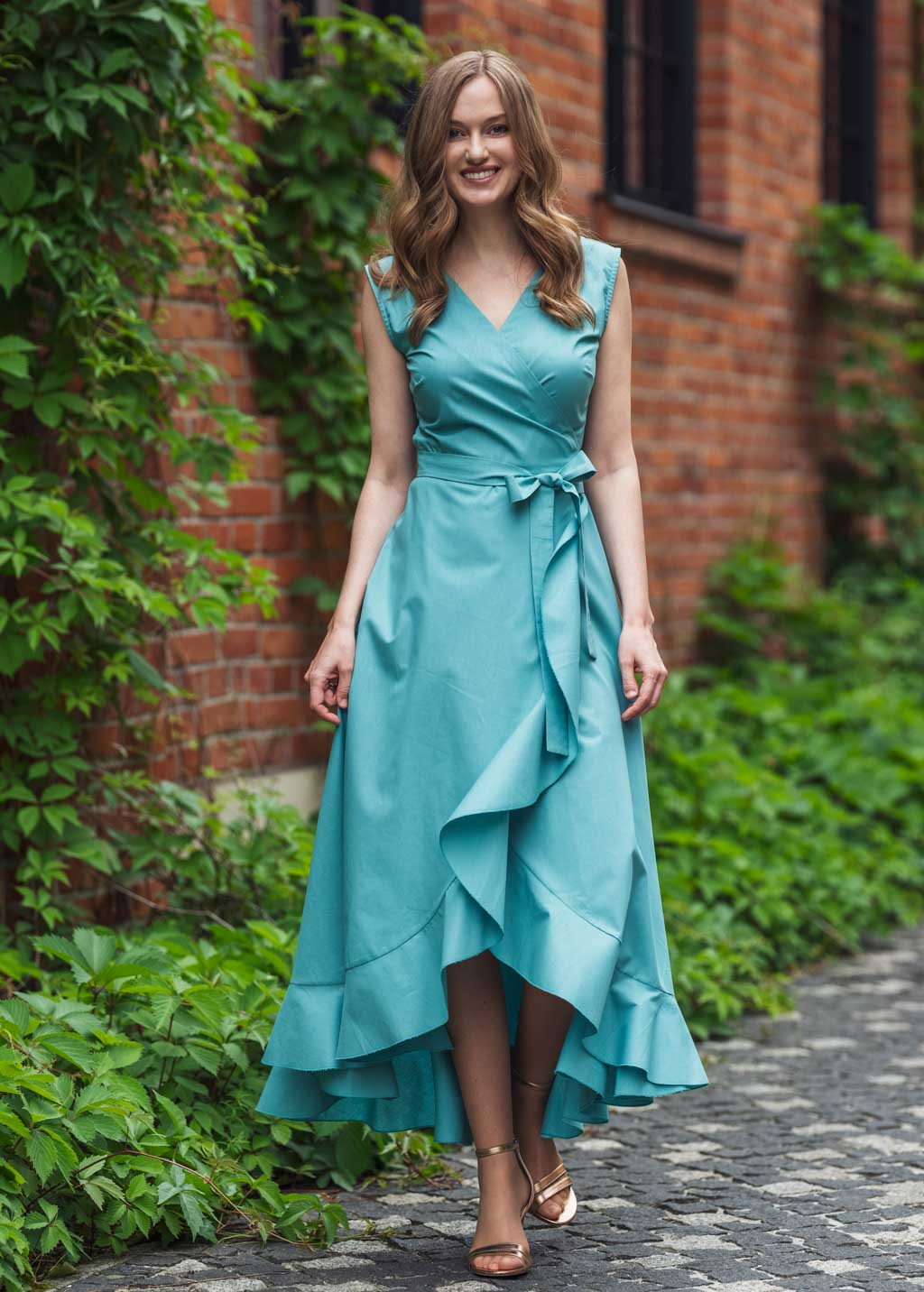 Aqua blue organic cotton wrap dress