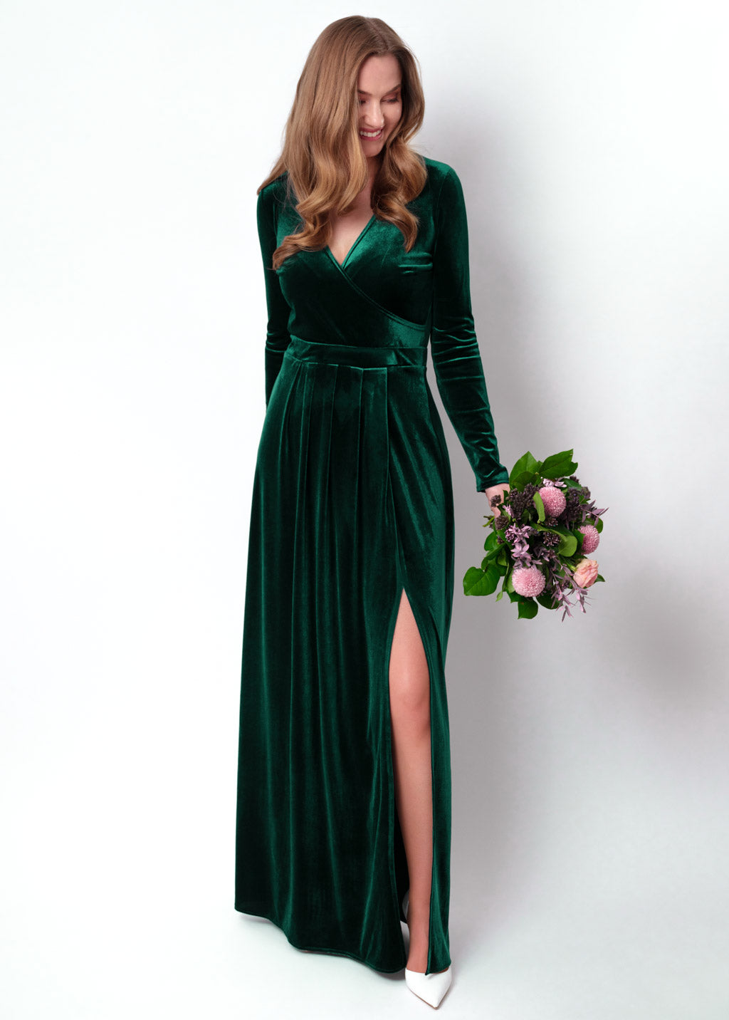 Emerald green velvet wrap slit dress